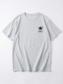 Women's Loose Fit Round Neck Short Sleeve T-Shirt With Cartoon Cat & Letter Print, Spring/Summer - Light Gray - View 6