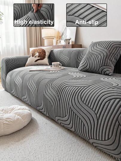 1pc Plush Fabric Jacquard Sofa Cover, Solid Color Sofa Protector, Pet Friendly Anti-Slip Anti-Dirty Anti-Scratch, Suitable For All Seasons, Elastic Machine Washable, Fits 1/2/3/4 Seater Sofa, Waterproof