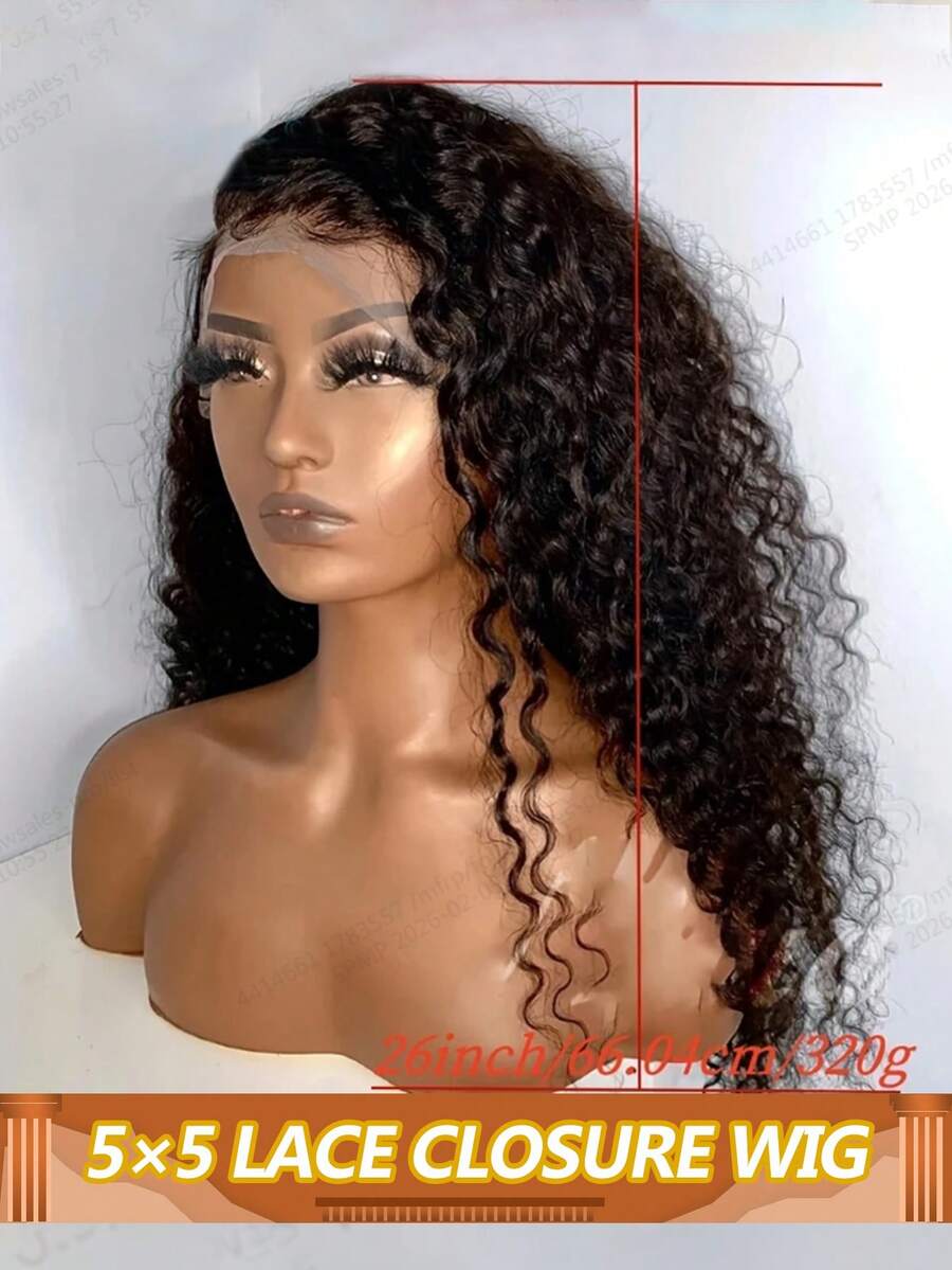 5x5 透明蕾丝前假发 水波纹假发 真人发预拔毛带婴儿发 深卷蕾丝前真人发假发 女士款 180% 密度 - Natural Black - 查看 1