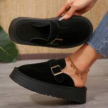 Women Low Heel Slip On Loafer Shoes Flat Round Toe Wedge Buckle Soft Bottom - 黑色 - 查看 6