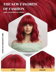 Elegant Short Curly Bobo Wig With Bangs - Heat Resistant Synthetic Hair, 100% Silk, Matte Texture, Heat Resistant, Curly Style, Breathable Rose Net Cap, Suitable For Cosplay And Halloween Parties - Red - View 3