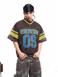 MT99 Men's Letter & Number Print Hollow Casual Versatile Daily Wear T-Shirt - Coffee Brown - View 2