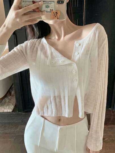 Women's Lightweight Sheer Design Long Sleeve Cropped Cover Up, Casual Thin Knit See-Through Cover Up