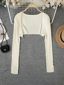 Chill Style Cropped Knit Cardigan, Women's Spring/Summer Shrug Bolero, New Arrival Long Sleeve Button Detail Top For Layering - Apricot - View 6