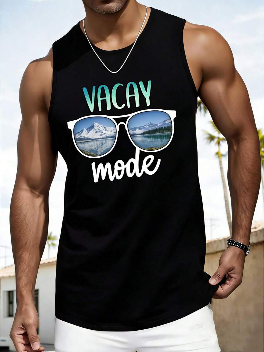 Men's Summer Letter & Palm Tree Printed Round Neck Casual Tank Top - Black - View 1