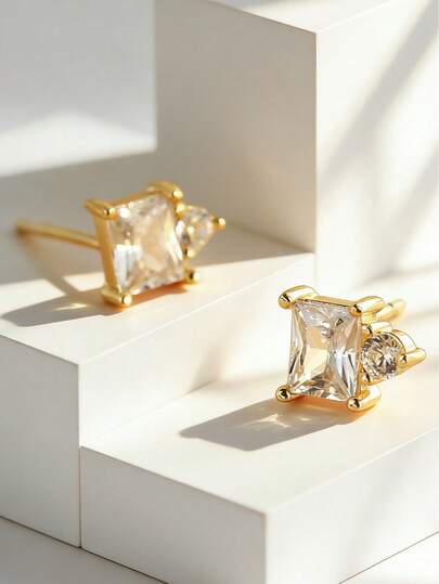 Women's Gold-Plated Princess Cut Square Zirconia Stud Earrings, Accented With Small Round Zirconia Stones, Minimalist Elegant Design, Suitable For Daily Commute And Work Attire, An Ideal Gift For Fashion Enthusiasts