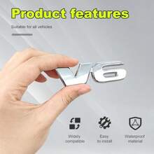 2PCS 3D V6 Metal Emblem Car Fender Side Rear Tailgate Badge Decal Sticker Self-Adhesive Automotive Decal For Fender Bumper Universal Vehicle Exterior Decor Accessories Silver - V6銀色 - 查看 3
