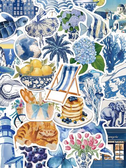 50pcs Blue Cartoon Stickers Notebook Laptop Phone Case Luggage Skateboard Helmet Decoration Stickers