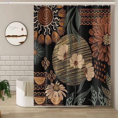 1pc Black Bohemian Style Floral Pattern Shower Curtain, Medieval Botanical Design, Modern Elegant Aesthetics, Bathroom Decor, Suitable For Bathtub Divider, Shower Curtain Decoration, Bathroom Accessories