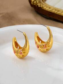 1 par de nuevos pendientes geométricos con corazón hueco 2026, pendientes de moda de lujo enchapados para mujeres - Pendientes de corazón hueco con gotas de aceite - Ver 8