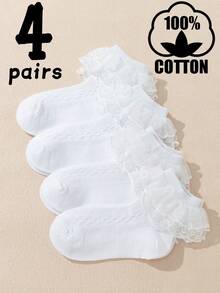 4 Pairs Solid Color All Cotton Children Lace Dance Ruffle Princess Fashion Versatile Party Lace Socks - White - View 5