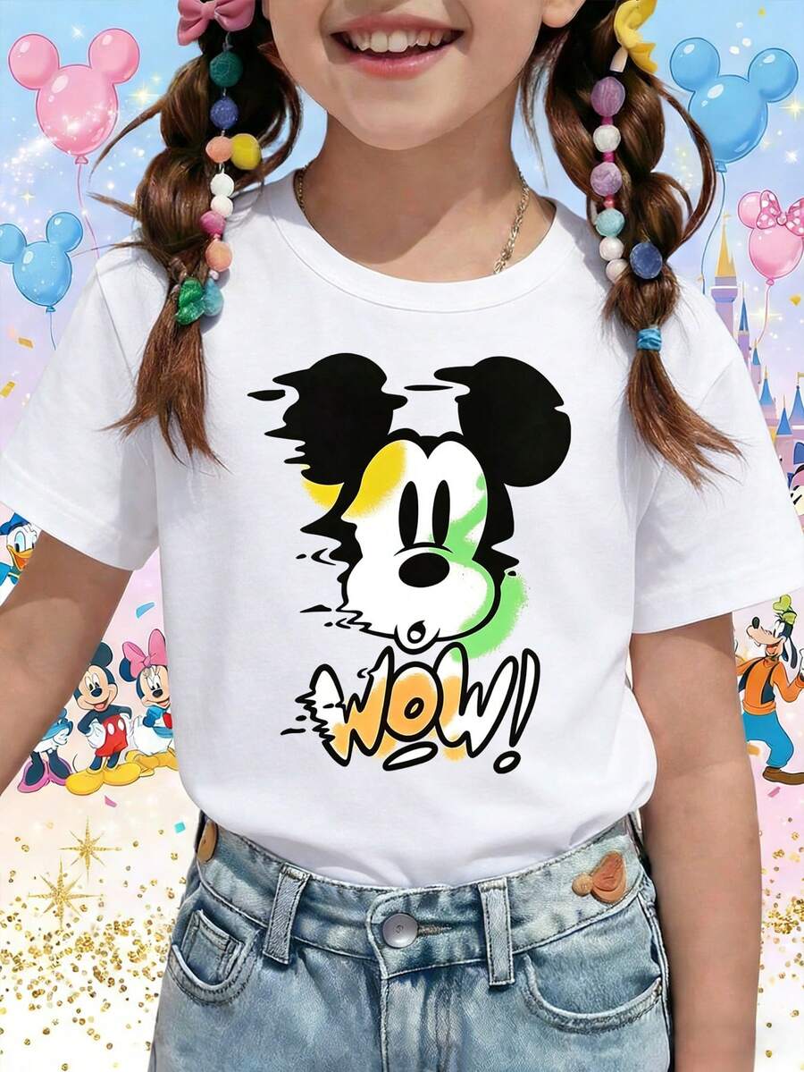 Disney Mickey Mouse Glitch Effect Neon Wow Art Printed Pattern T-Shirts For Girls - Children's Clothing Design Short-Sleeved Casual And Cute Style Comfortable And Casual Wear All Year Round Suitable For Parties And Play Machine Washable Gift Children's Clothing Girls' Short-Sleeved Shirts - trắng - Xem 1