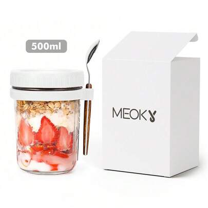 500ml [1/2 paquete] Tarro de Mason para avena overnight con tapa y cuchara, recipiente sellado para avena con marcas de medición, recipiente portátil para cereales