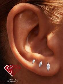 1Pc 925 Sterling Silver Moissanite Classic Horse'S Eye Multiple Sizes Stud Earring Hypoallergenic Pure Silver Flat Back Cartilage Helix Piercing Suitable For Women'S Daily Wear, Parties, Wedding, And Banquet Occasions - Silver - View 1