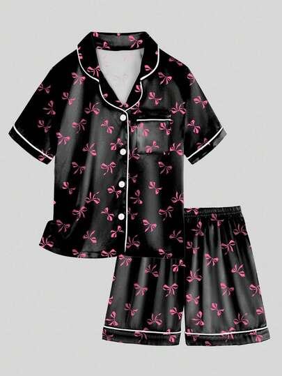 2pcs Tween Girl Black Bow Short Sleeve Shorts Pajama Set