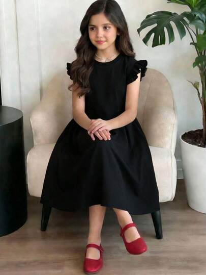 Casual Minimalist Style Black Ruffle Sleeve Midi Dress, Cute & Elegant Children's Dress, Suitable For Spring & Summer