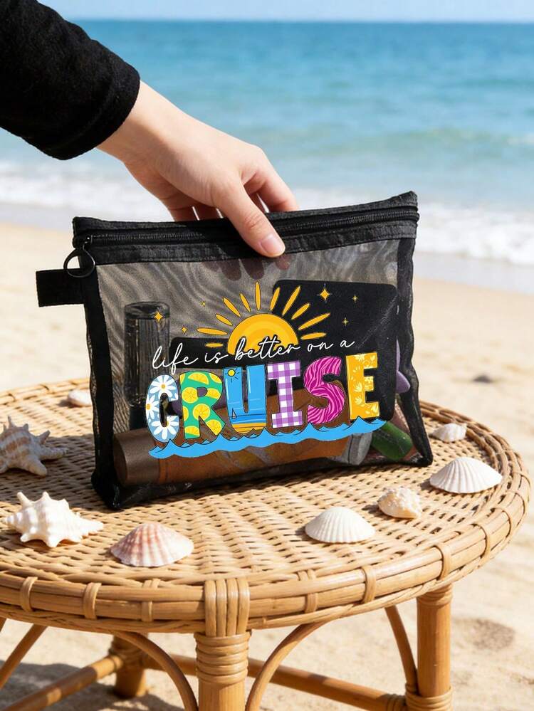 Túi đựng mỹ phẩm lưới họa tiết chữ cái Cruise Life với hình cây dừa, vỏ sò, cá voi, sao biển, túi đệm khí màu đỏ, túi đựng đồ di động, túi trang điểm, túi chăm sóc da, đồ dùng du lịch, đồ dùng phòng tắm, túi đựng trang sức, túi đựng son dưỡng môi và mỹ phẩm, đồ dùng ký túc xá, quà tặng cô dâu, dành cho thành viên thủy thủ đoàn, dùng khi bơi lội, đi biển, đi chơi, đi học, du lịch và sử dụng ngoài trời. - Xem 3