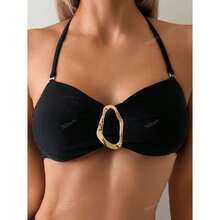 Black BikiniWomen's Halter Triangle, High Waist Two Piece Bathing Suit - Adjustable Tie Bikini With Gold Accent, Sexy Swimsuit M - 多色554 - 查看 6