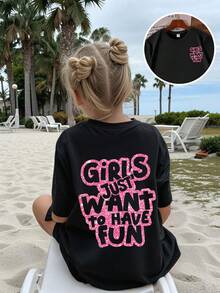 Girls Slogan Print Round Neck Short Sleeve T-Shirt, Casual Tee For Spring/Summer - Black - View 1