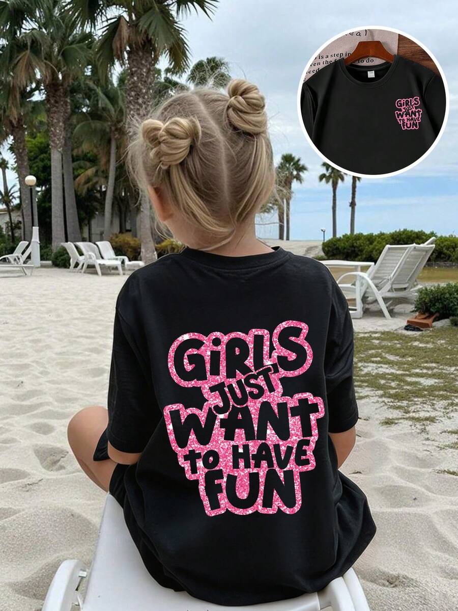 Girls Slogan Print Round Neck Short Sleeve T-Shirt, Casual Tee For Spring/Summer - Black - View 1