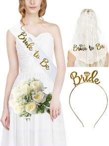 1set Romantic Wedding Headwear Set, Including A Hairband + A Headscarf + A Shoulder Strap. Suitable For Wedding Parties, Birthday Gatherings, Wedding Anniversaries, And Coming-Of-Age Ceremonies - Multicolor - View 1