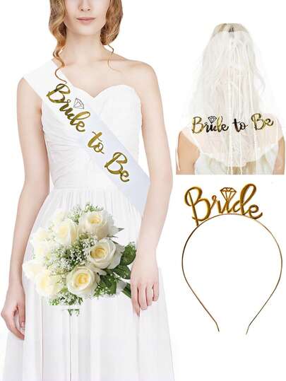 1set Romantic Wedding Headwear Set, Including A Hairband + A Headscarf + A Shoulder Strap. Suitable For Wedding Parties, Birthday Gatherings, Wedding Anniversaries, And Coming-Of-Age Ceremonies