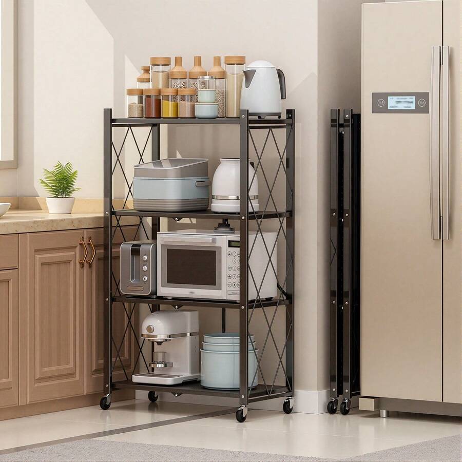 Upgraded Home 4-Tier Foldable Storage Shelf With Wheels ,Collapsible Shelving Unit,750 Lbs Large Capacity Storage Trolley,Display Metal Rack, Rolling Cart For Books,Kitchen Storage Shelves, Garage Storage,Pantry & Closet Organizer, Office Room,Decor,Bathroom(Black/White/Pink/Green),No Assembly - 彩色 - 查看 1