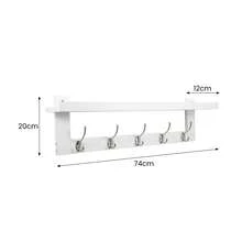Wall-Mounted Coat Rack 74cm | White Entryway Rack With 5 Double Metal Hooks & Hanging Shelf For Bathroom, Bedroom, Kitchen, Living Room & Mudroom - White - View 2