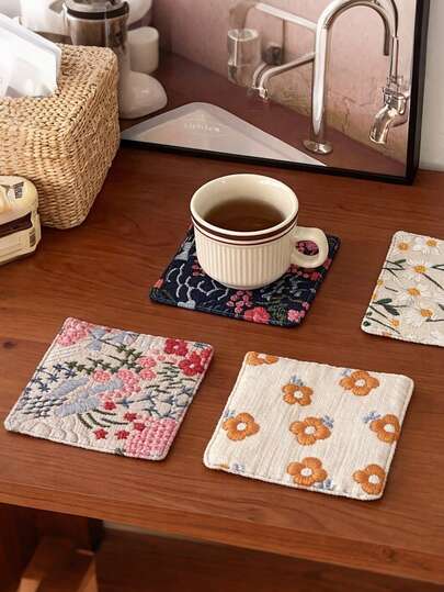 Embroidered Linen Cup Coasters, Household Dining Mats, Square Fabric Tea Table Coasters, Placemats, Heat Insulation Pads, Coffee Cup Mats, Tabletop Mats