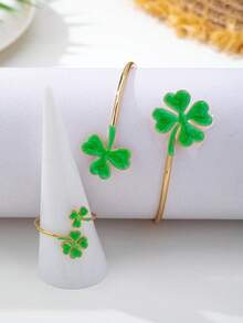 1 Bracelet+1 Ring - Casual Classic Four Seasons Simple Small Flower Daily Women's Two Pieces Jewelry Set Suitable For Daily Commuting Wear - No Gift Box - Green - View 3