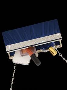 Luxury Rhinestone Clutch Evening Bag, Elegant Ladies' Party Chain Bag, Rhinestone Jewelry Set With Sparkling Necklace, Earrings, And Bracelet, Ladies' Prom Detachable Metal Chain Wedding Party Shoulder Bag, Suitable For Parties, Dinners, Gatherings, And Proms - Navy Blue - View 7