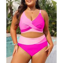 Plus Size Bikini-Pink Color Block Swimsuit - Twist Front V Neck& High Waisted Bottoms - 4XL - Women's Bathing Suit - 多色658 - 查看 3