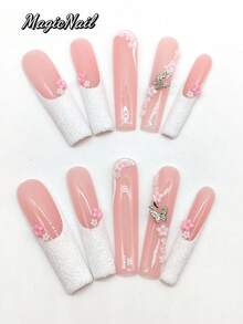 10 Pieces Of Pure Hand-Pressed Wearing Nail, 55mm Long Coffin-Shaped Nail, Pink Nail, White Glitter Powder Covering Part Of The Fingertips Of The Nail, 3D White Small Flower Pink Small Flower Line, Golden Butterfly Jewelry. Cute Nail Piece, Suitable For Daily Leisure Vacation, Wedding Banquets, Parties, Shows And Other Activities. - Nhiều màu - Xem 2