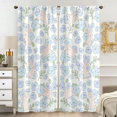 2PCS Multicolor Pastel Pink Rabbit Blue Floral Fresh Cute Minimalist Style Flat Printed Curtains, 100% Polyester Fabric, Rod Pocket, No Lining, 90gsm, 180cm Width, Perfect For Bedroom, Living Room, Dining Room, Bathroom, Outdoor Curtains