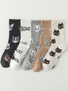 5 Pairs Cute Cat Pattern Breathable Mid-Calf Socks For Women, Moisture-Wicking Fun Cartoon Pet Design Casual Hosiery - Multicolor - View 6