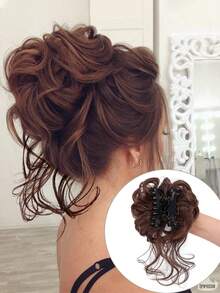 Clip para el cabello de moño desordenado para mujer, extensión de moño alto esponjoso con cabello rizado y ondulado con clips para el cabello - Marrón Mocha - Ver 2