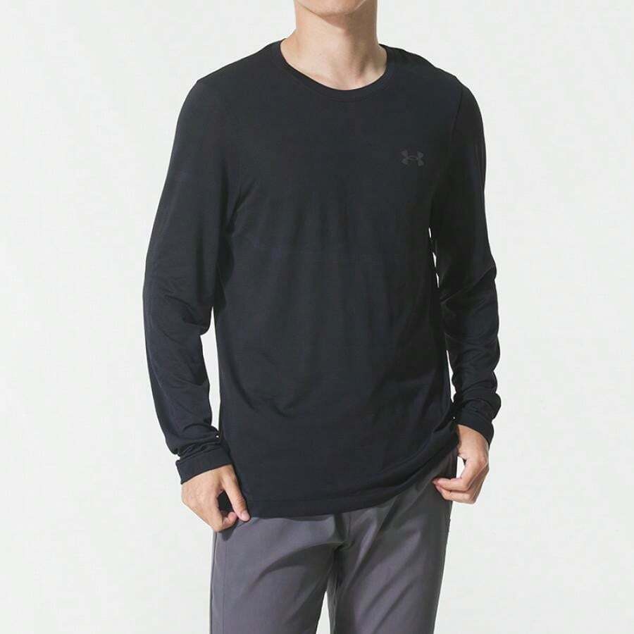 Under Armour UA Rush Seamless Legacy LS 男士休闲柔软舒适圆领长袖T恤，修身日常打底衫，1379282-001 - 黑色 - 查看 1