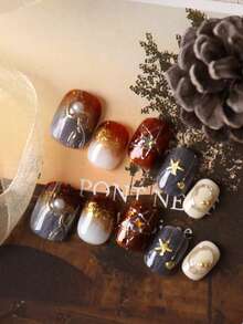 10pcs Press On Nails Brown Blue Gradient Halation Star Nail Supplies Nails Press On Short Nail Fake Nails Artificial Nails Kit Includes 1sheet Adhesive Tabs &1 Pc Mini File Handmade Press On Nails - Multicolor - View 3