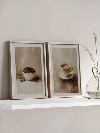 2件套无框咖啡杯和咖啡豆厨房装饰画，复古乡村小屋帆布海报，简约中性咖啡馆装饰，房间装饰，厨房装饰，理想的家居创意礼物，适用于厨房、客厅