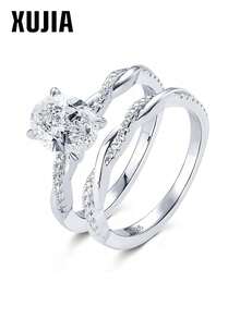 XUJIA 1 Set 925 Sterling Silver Moissanite Bridal Ring Set, 7x9mm (2 Carat) Oval Moissanite Ring, Classic Women's Ring, Twisted Engagement Ring, Anniversary Party Birthday Jewelry Gift - Silver - View 2