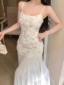 Đầm dự tiệc dáng dài ngang gối kiểu Pháp thanh lịch dành cho nữ, đầm slip không tay dây mảnh phối lưới, đầm đi biển thường ngày, đầm dáng chữ A trễ vai kiểu retro dự tiệc sinh nhật, đám cưới, đầm dự tiệc thời trang mới mùa xuân - Màu be - Xem 3