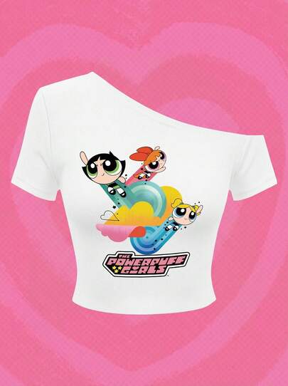 Whysmera SHEIN X Powerpuff Girls 女士不对称领口印花衬衫——打破常规的时尚单品，展现无拘无束的态度