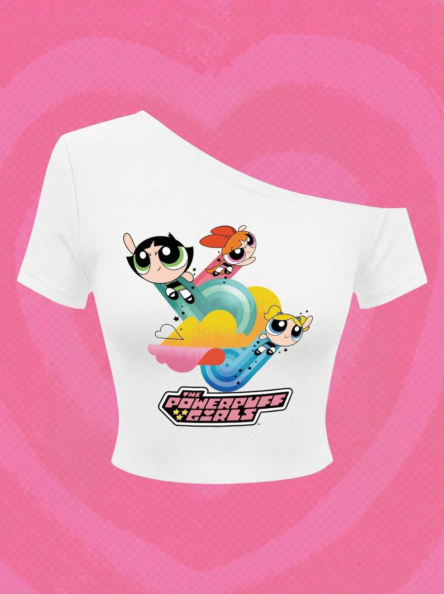 Whysmera SHEIN X Powerpuff Girls 女士不对称领口印花衬衫——打破常规的时尚单品，展现无拘无束的态度 - 白色 - 查看 1