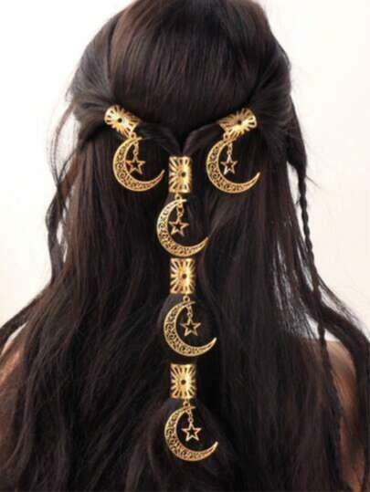 5件套女士编织发饰套装 - 星月图案，适合节日、派对、日常佩戴、作为吊坠、礼物、斋月佩戴