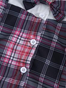 2件套女童夏季甜美学院风花瓣袖格子拼接衬衫+格子百褶裙套装 - 彩色 - 查看 6