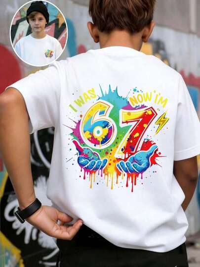 Tween Boy Colorful Paint "I WAS 6, NOW I'M 7" Creative 67 Print, Suitable For Activities, Daily Wear, Party Wear, Birthday Gift For Tween Boy, Birthday Party , Ideal Gift For Birthday Celebration, Fashionable Tween Boy Summer Top