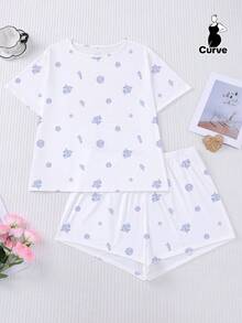 2pcs Set White Base Minimalist Ocean Summer Elements Blue Seahorse Shell Conch Coral Starfish Print Sleepwear Set For Women, Comfortable Short Sleeve Round Neck Pullover Shirt And Elastic Waist Shorts, Stylish For Outdoor, Indoor, All Seasons - 白色 - 查看 5