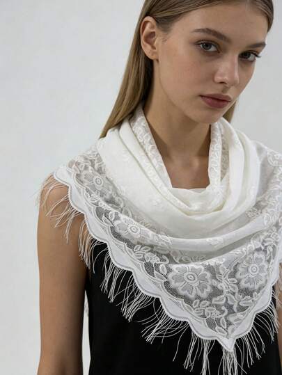 1 pieza Pañuelo triangular de encaje, unicolor versátil y de moda, adecuado para fiesta, graduación, boda, ceremonia de adultos, viaje, sesión de fotos, diseño nuevo para mujer de primavera/verano