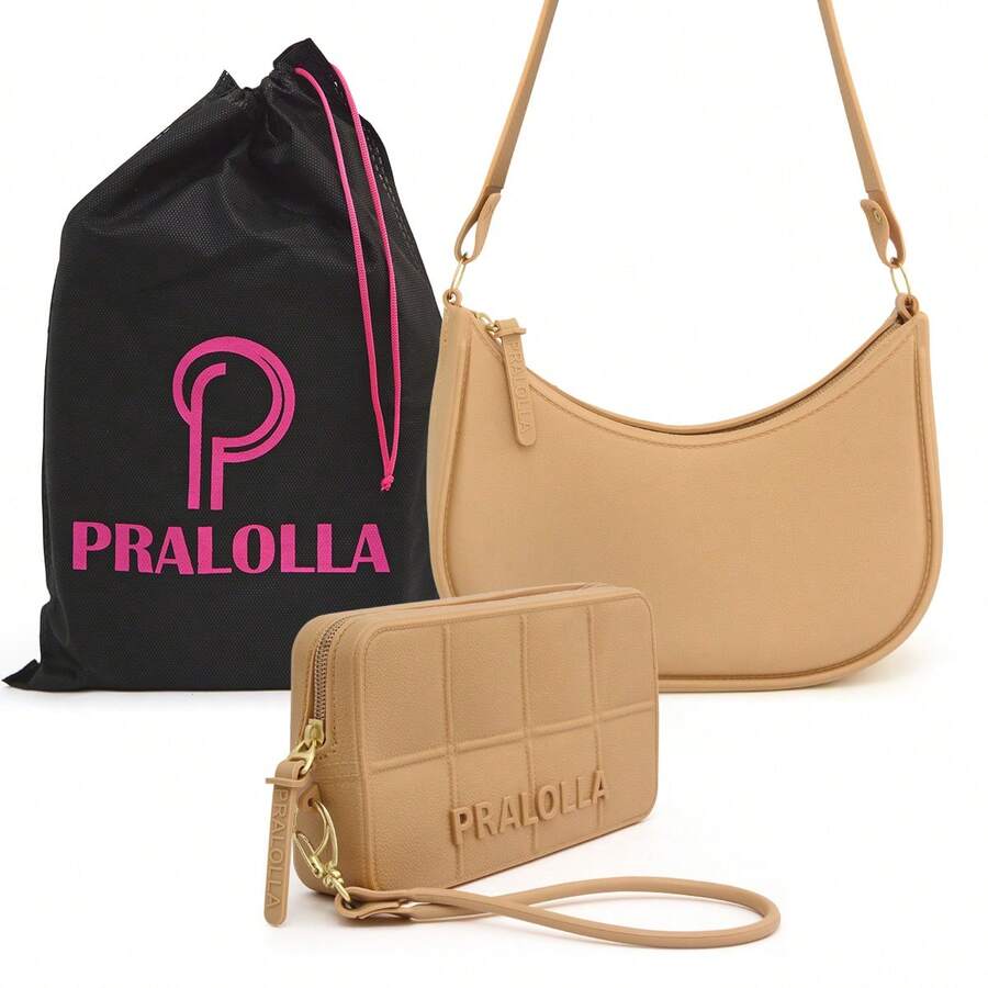 Women's Half-Moon Shoulder Bag Set (Crossbody) + Waterproof Rubberized Wallet - Mostaza Amarilla - Ver 1