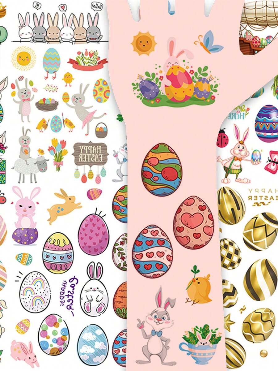 10张，共136个卡通复活节彩蛋和兔子图案的临时纹身贴纸，防水，可持续2-5天，适合作为节日派对礼物。 - 彩色 - 查看 1